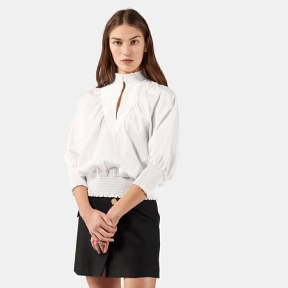 MAJE Blouse S NWT Libou Popeline Victorian Smocked Batwing Ecru White Luxury - Picture 5 of 16